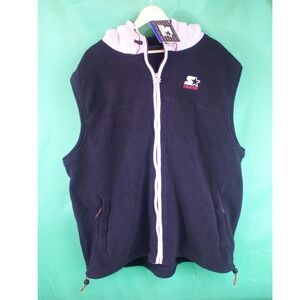 Starter Mens Polar Fleece Hooded Vest Black Full Zip Grey Hood XL NWT 4S2711-80